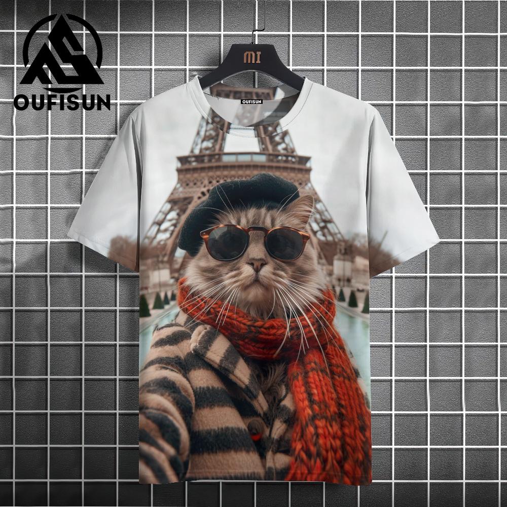 Fashion Sketch Animal Graphic Men T-shirts Cats 3D Print Oversize Short Sleeve Men T shirt O-Neck Casual Men Women T-shirt