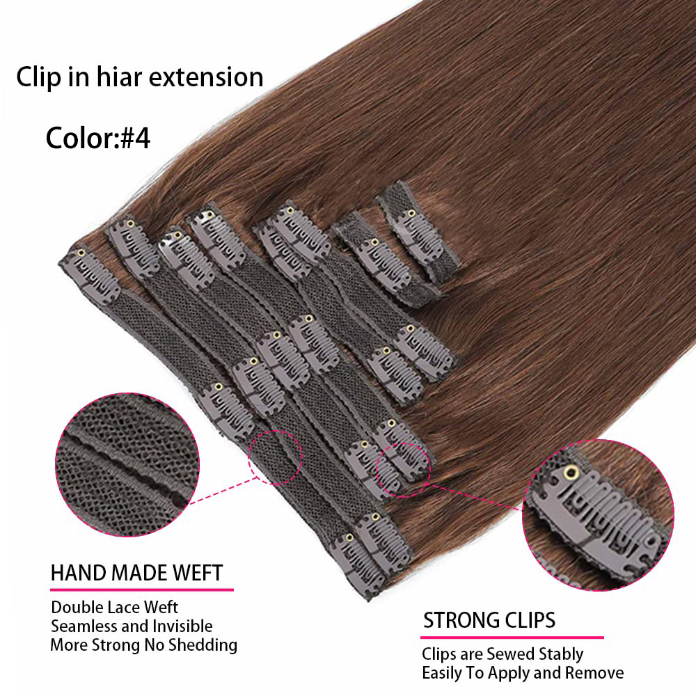 Clip in-extensiones de cabello humano para mujer, cabello liso de doble trama, 8 piezas, n. ° 4