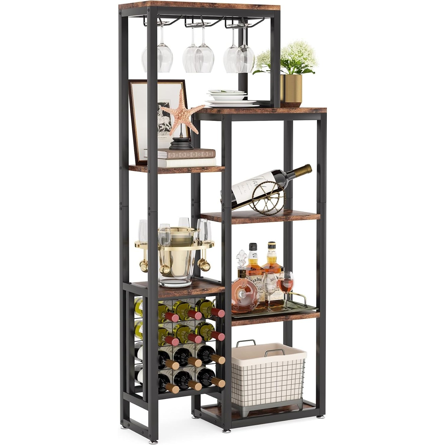 Wine Rack Freestanding Floor, Industrial Wine Display Shelf Wine Bar Cabinet for Bar, Kitchen, Dining Room, Rustic Brown