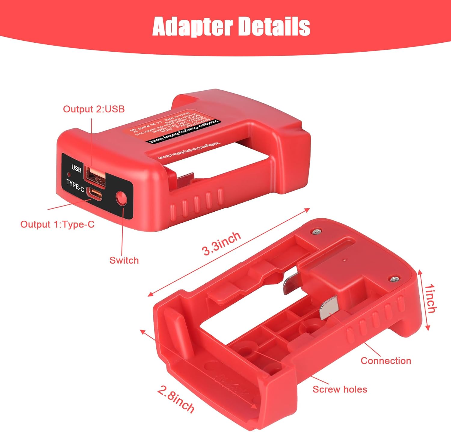 USB Charger Adapter Compatible for Milwaukee 18V Battery Dual Output Port with USB and Type-C Charging Interface(Adapter Only)