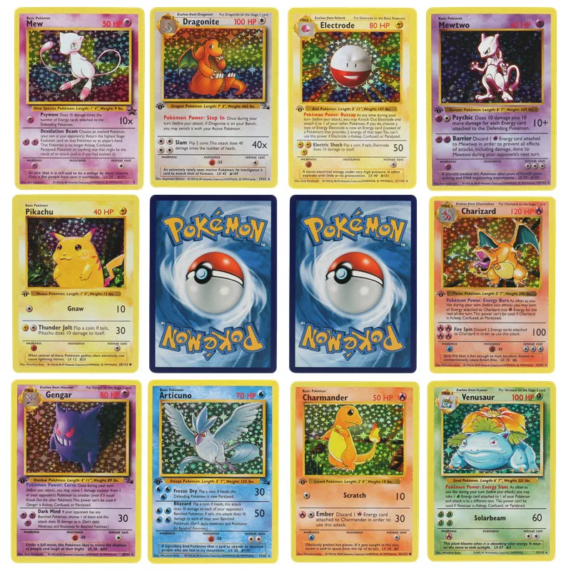151 шт., 1996 г., карта Pokémon первого поколения, Чаризард Пикачу Mewtwo Blastoise, коллекционные карты, игрушки, английская версия, французская версия