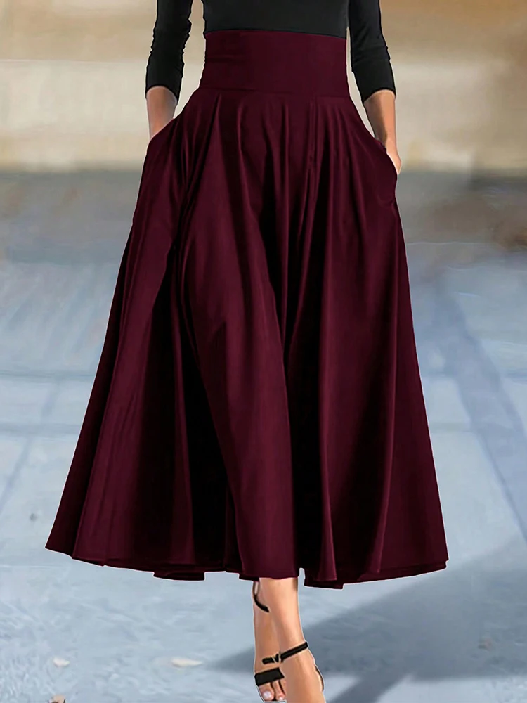 Novedad en vestidos, faldas acampanadas de Color sólido para mujer, ropa, Falda larga de cintura alta elástica para mujer con lazo, faldas elegantes para mujer