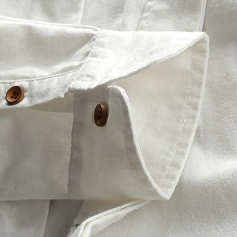 Camisa de algodón y lino de estilo japonés para hombre, Tops clásicos transpirables informales ajustados de manga larga con cuello levantado Harajuku de Color sólido para hombre