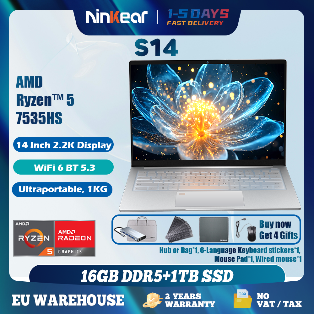 Ninkear S14 Ultra-tragbarer Laptop mit 1 kg Gewicht AMD Ryzen 5 7535HS 14 Zoll 2,2K Windows 11 16 GB LPDDR5 1 TB SSD Computer Typ-C