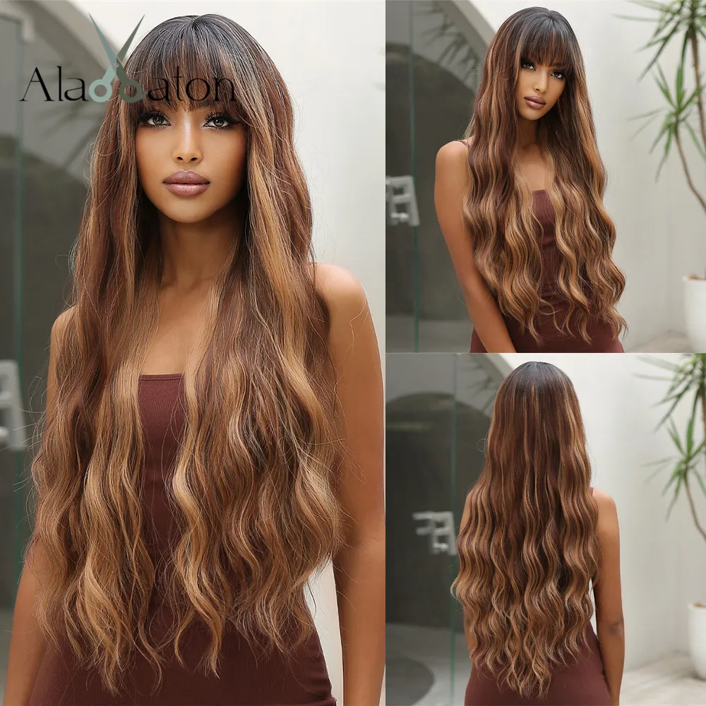 Alan eaton marrom destaque perucas sintéticas com franja para preto feminino longo ombre mel marrom onda peruca resistente ao calor cabelo natural