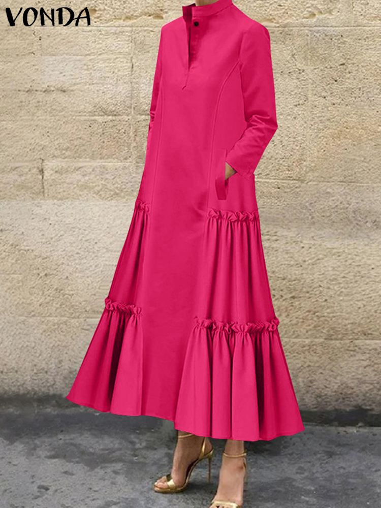 Plus Größe VONDA Frauen Rüschen Maxi Lange Kleid 2024 Casual Einfarbig A-Line Hemd Kleid Stehkragen Langarm Party Vestido