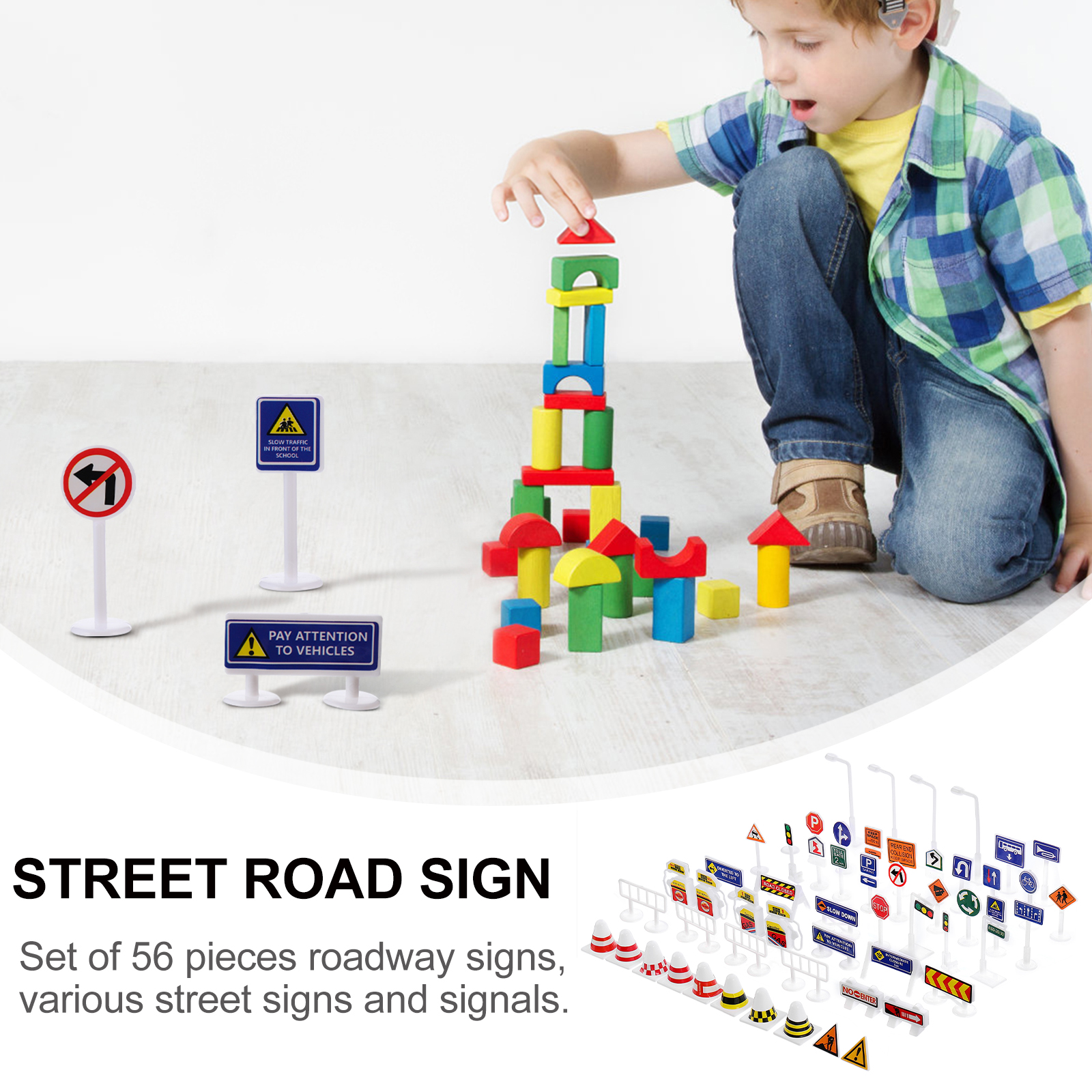 56Pcs Signs Road Traffic Signs Model Safety Educational Street Construction Playset Mini Rage Stop Road Block Models