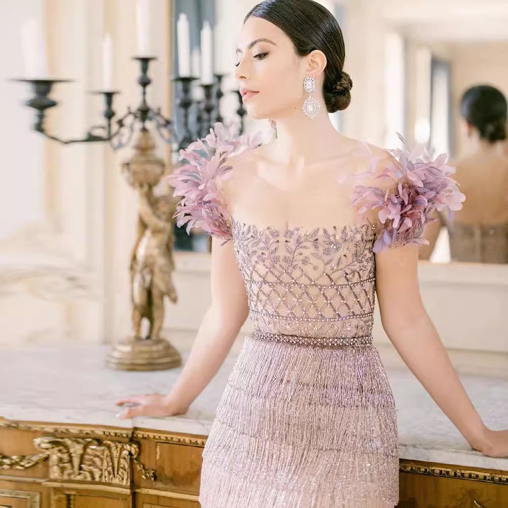 Vestido de noche de lujo para mujer, traje de sirena real hecho a mano, con plumas, borlas lilas, cuentas, hasta el tobillo, elegante, para fiesta, LA72004, 2024