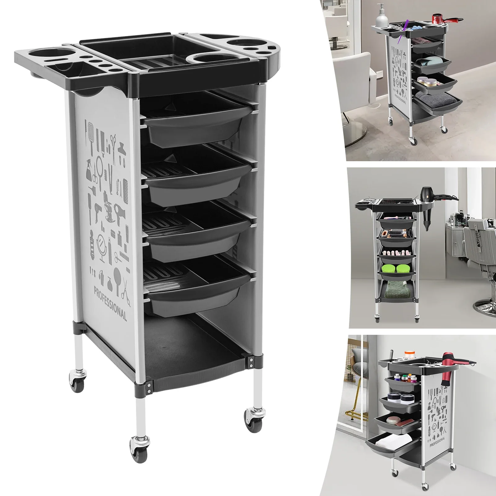 Carrello da salone con 4 cassetti, carrello da barbiere per parrucchiere a 6 livelli, carrello per attrezzi mobile con carico da 50 kg per carico di strumenti per lo sposo Bianco/Nero/Rosso/Verde