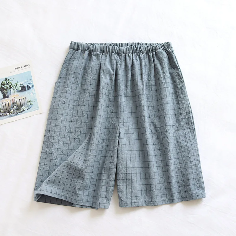 Calções masculinos de algodão, cor sólida, simples, soltos e respiráveis, calças de dormir para estudantes, cintura elástica, calças de pijama xadrez