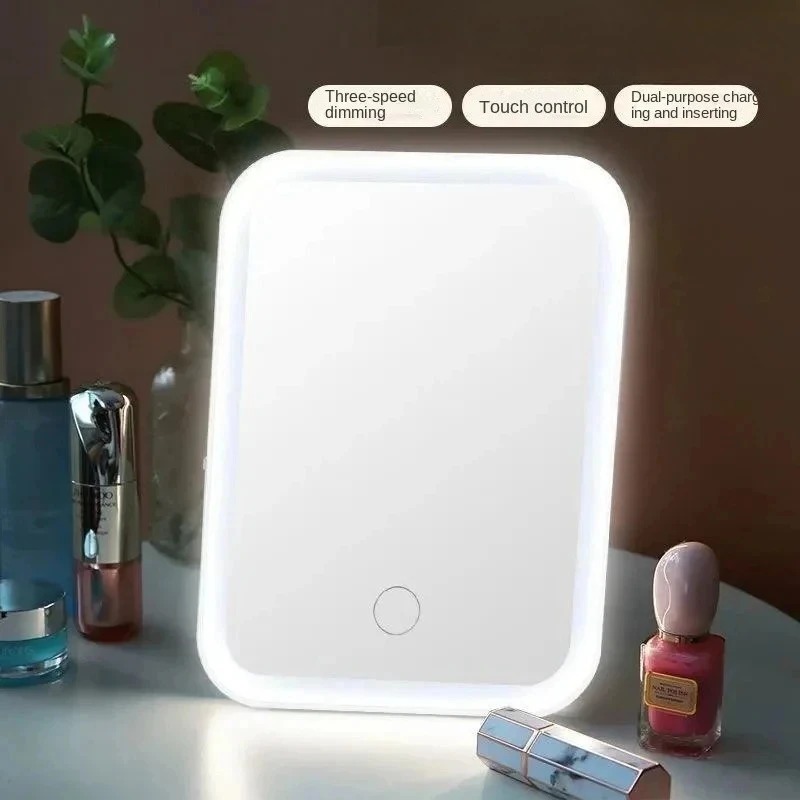 Espejo de maquillaje con pantalla táctil LED, espejo plegable, espejo de maquillaje iluminado, 3 modos de luz de colores, herramientas de espejo cosmético recargable por USB