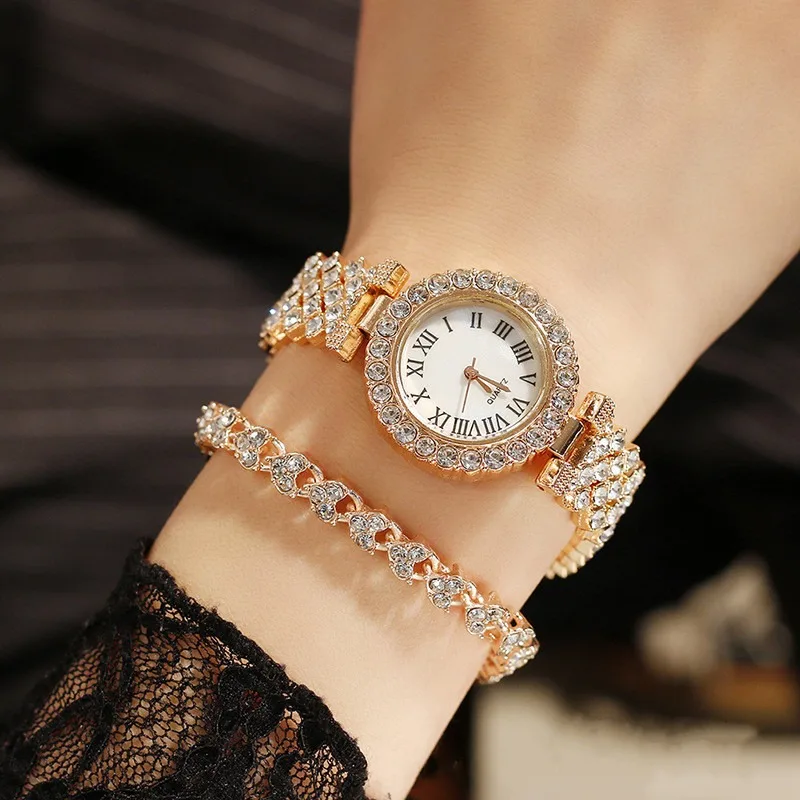 5 unids/set de reloj de cuarzo con incrustaciones de diamantes y patrón romano a la moda para mujer, accesorios de reloj de lujo versátiles de negocios a la moda