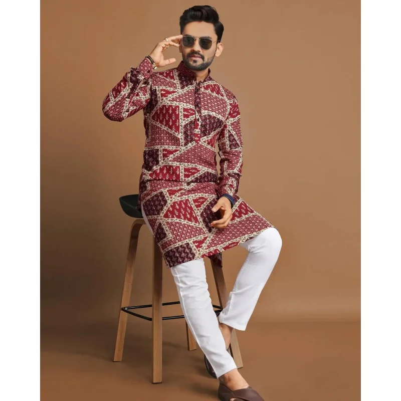 2025 masculino digital impresso kurta dhe ajuste regular gola mandarim longo adequado todas as ocasiões como casamento hari raya aidilfitri