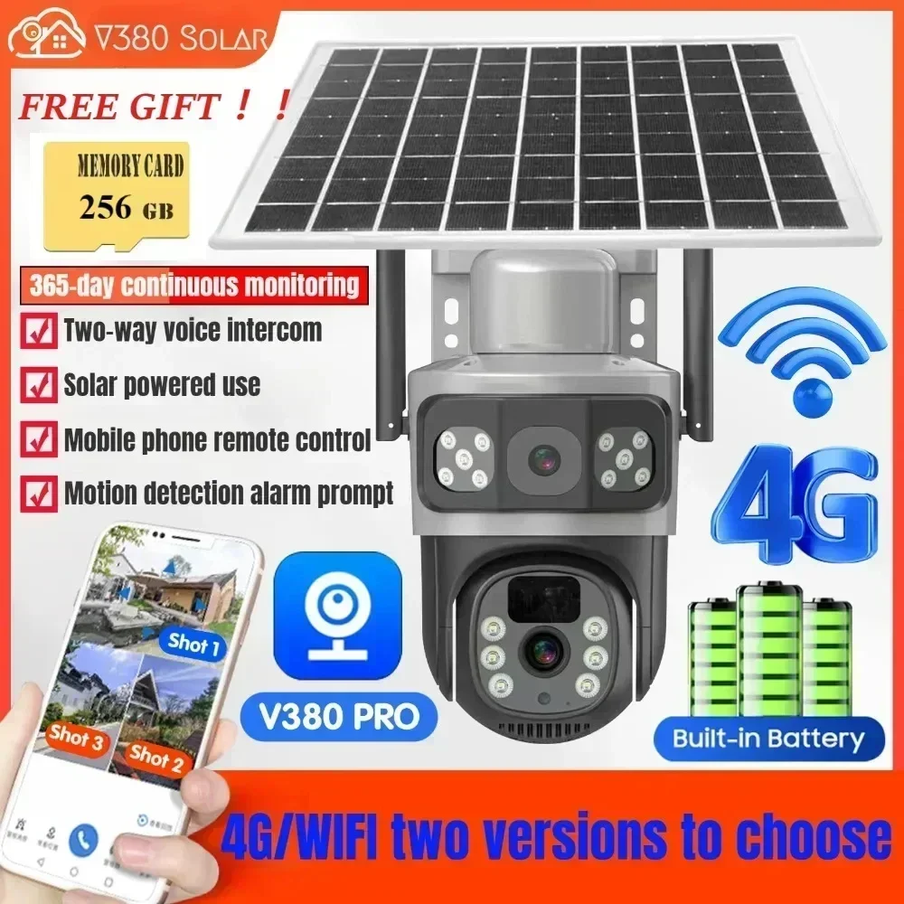 4K 8mp 4G Dubbele Lens Zonne-Energie Camera Gratis 256G Geheugen Cadeau Dubbele Schermen Tracking Outdoor Wifi Beveiliging Cctv Surveillance Ip Camera