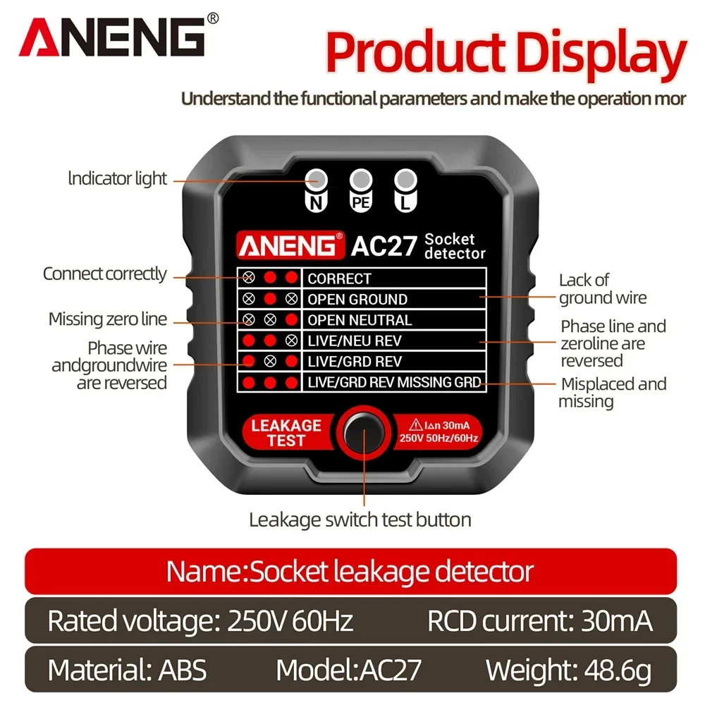 ANENG AC27 probador de enchufe prueba de voltaje Detector de enchufe tierra línea cero polaridad herramienta de verificación de fase comprobador de circuito enchufe UE/EE. UU.
