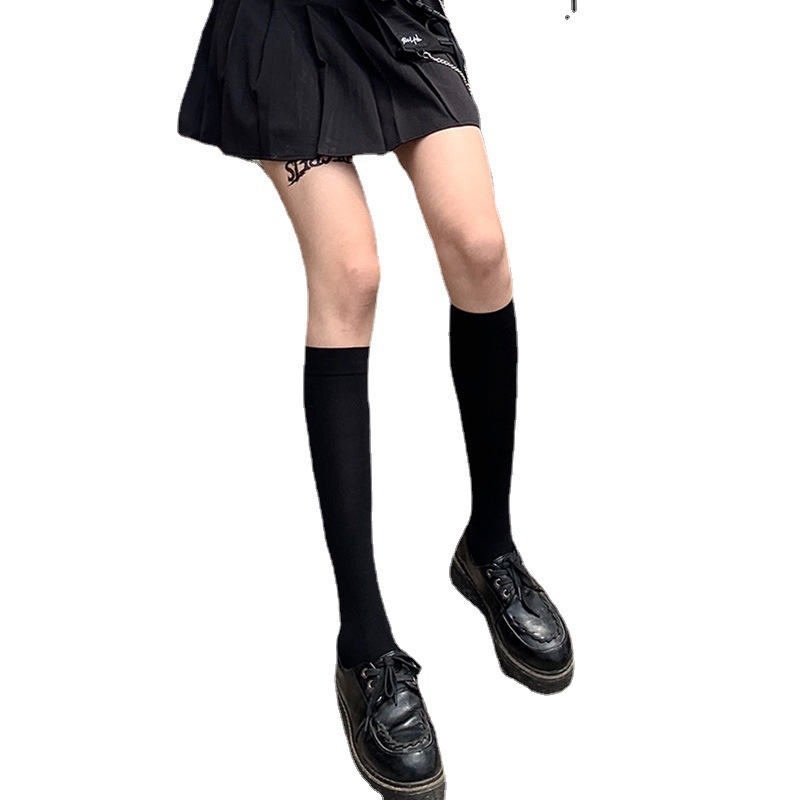 JK mujeres negro blanco hasta la rodilla calcetines Lolita señora niñas sobre la rodilla lindo calcetín largo fino transpirable medias de Color sólido para mujeres