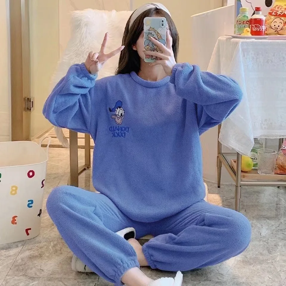 Pijamas de Pato Donald, pijamas de franela gruesos de invierno, conjunto de ropa para el hogar cómoda y cálida informal suave con dibujos animados