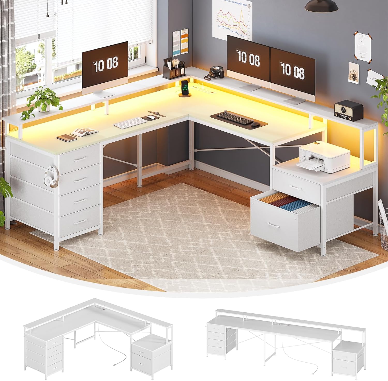 L Shaped Desk with 6 Drawer, 108" Home Office Desk with File Drawer & Power Outlet, Corner Computer Desk with Monitor Shelf