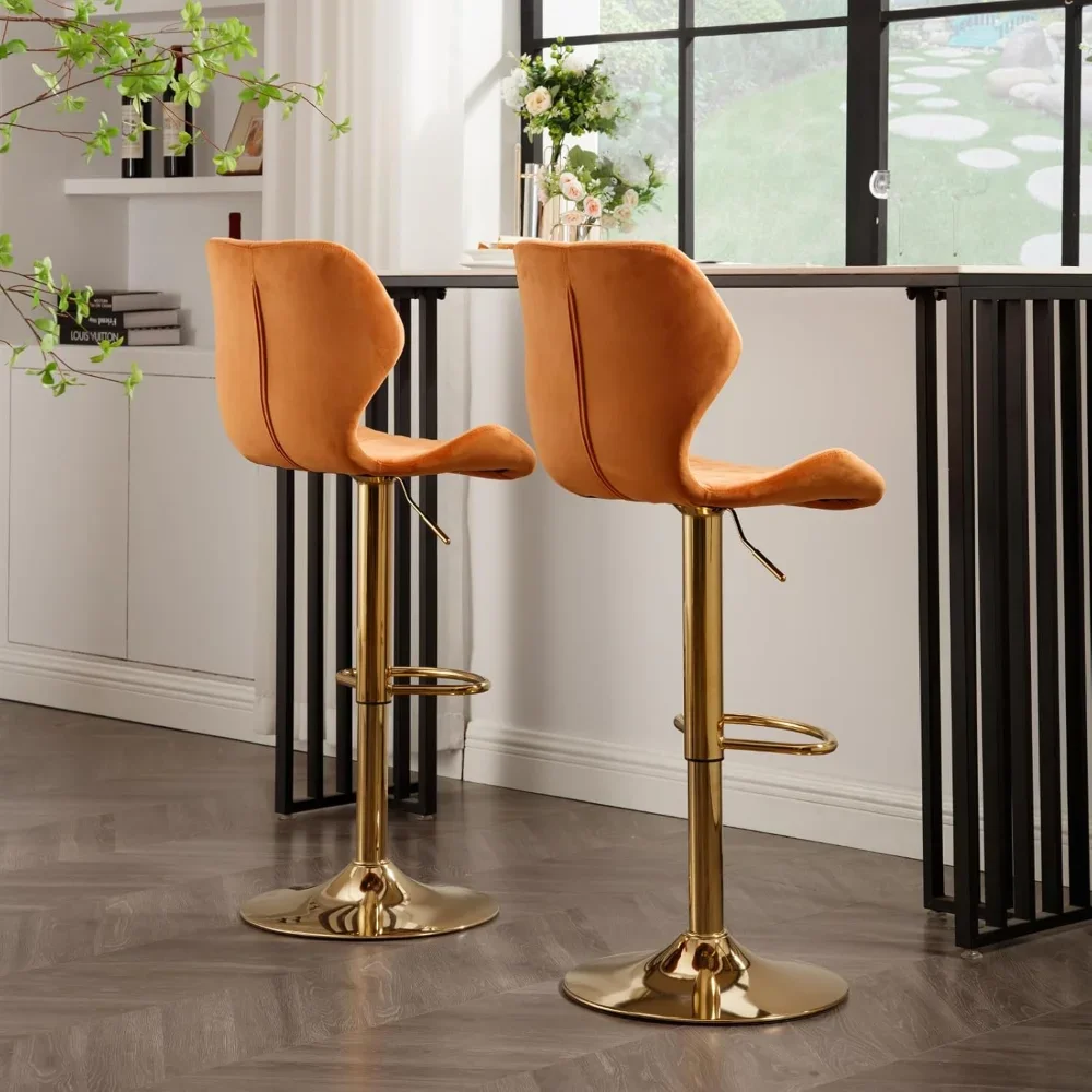 Orange Bar Stools Set of 2 Swivel Counter Height Bar Stools Golden Base Adjustable Velvet Stool Chairs