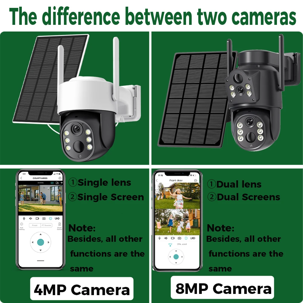 ワイヤレスビデオ監視カメラ,8MP, 4K, HD,wifi,屋外,内蔵バッテリー,デュアルレンズ,2Kセキュリティ,ソーラーパネル,icsee