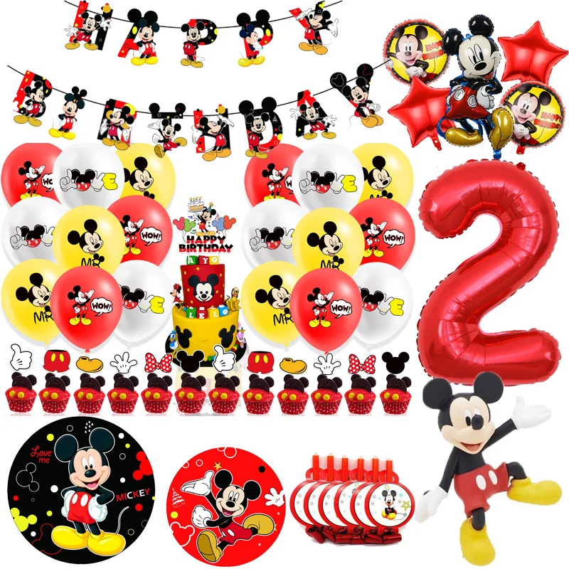 Mickey Mouse Thema Geburtstag Party Dekoration Kinder Luftballons Einweggeschirr Banner Tassen Anhänger Babyparty Zubehör