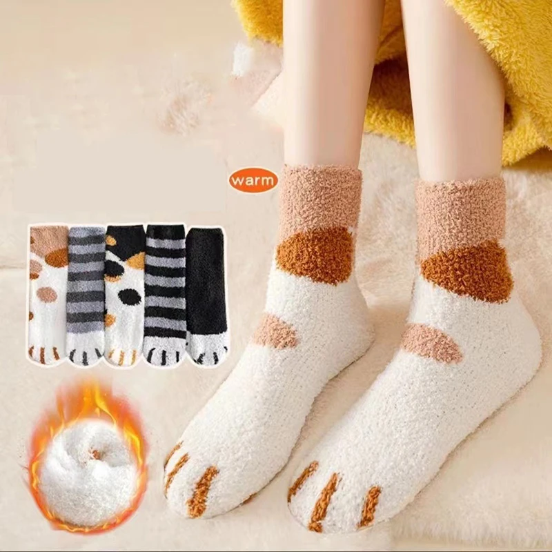 1/6 Pairs Vrouwen Herfst Winter Dikke Warme Kat Poot Patroon Mid Tube Sokken Comfortabele Zweetabsorberende Coral Fleece Casual Sokken