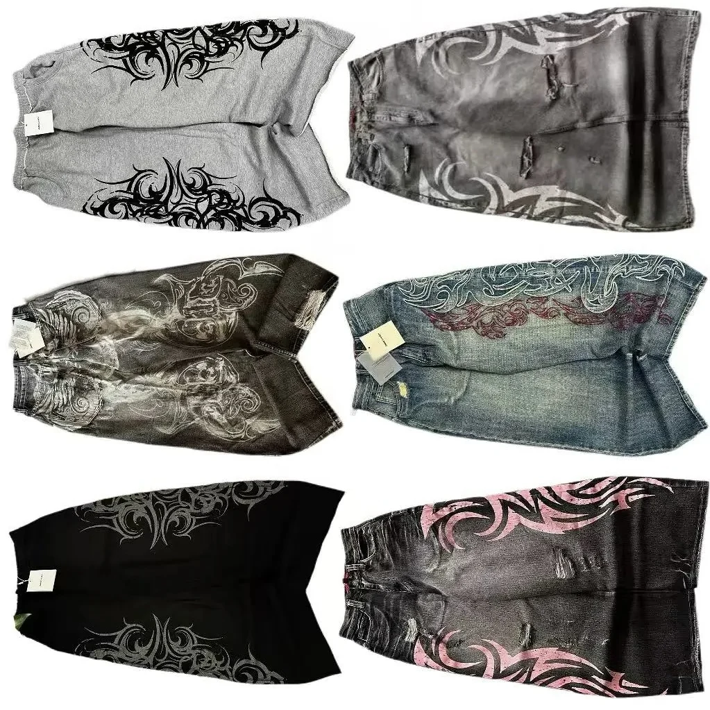 Y2K patrón de moda bordado pantalones vaqueros holgados hombres y mujeres High Street Vintage Hip Hop Casual pareja pantalones de pierna ancha de alta calidad