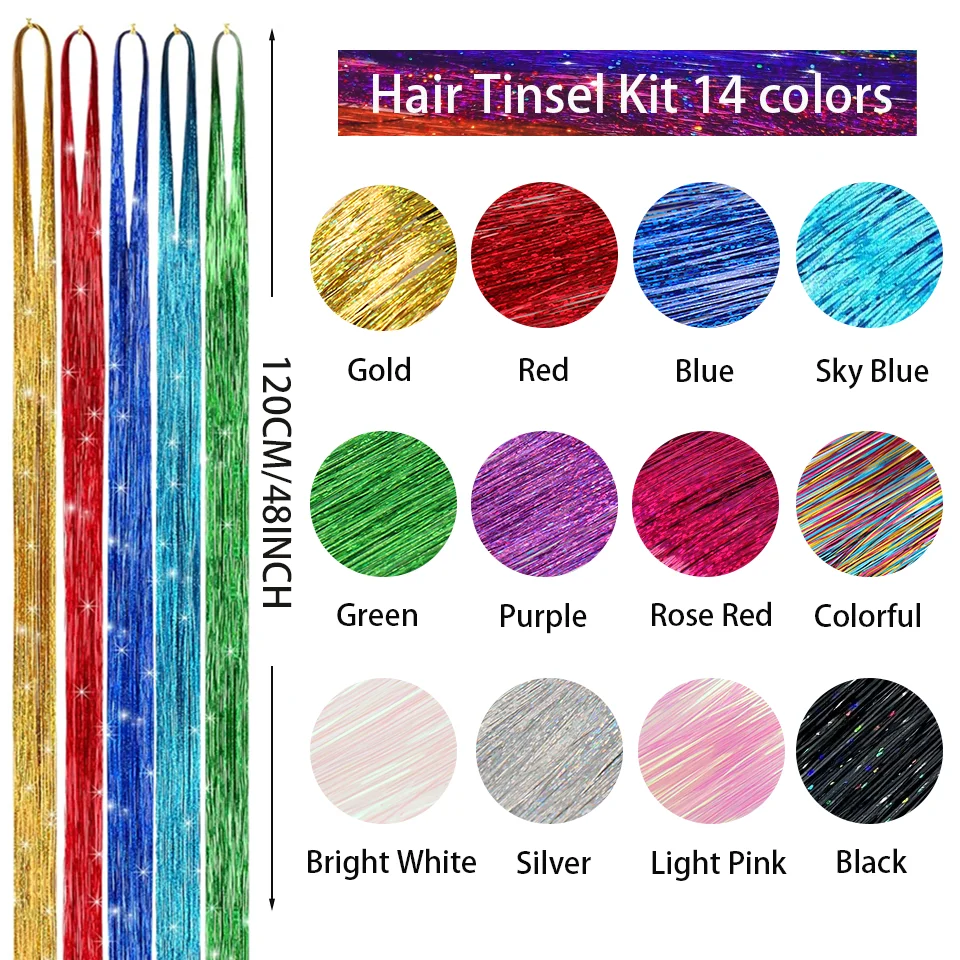 Kit de enfeites de cabelo, extensões de cabelo de fada com ferramenta, 12 cores, resistente ao calor para festa de natal e ano novo, 48 polegadas