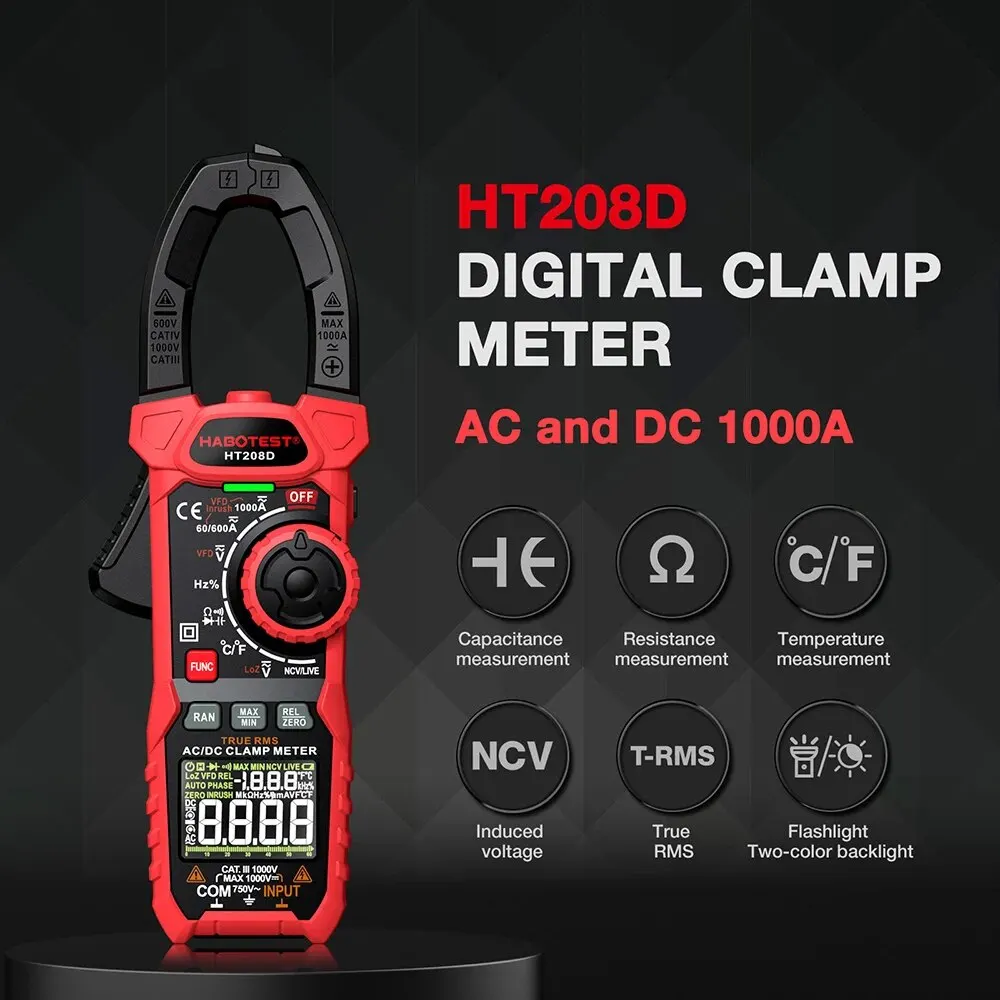 HT208A/D Amp Meter Clamp AC/DC,1000A เครื่องทดสอบมัลติมิเตอร์ True RMS,6000 นับ, พร้อมอุณหภูมิ, NCV, LPF, การทดสอบแรงดันไฟฟ้าและกระแสไฟฟ้า