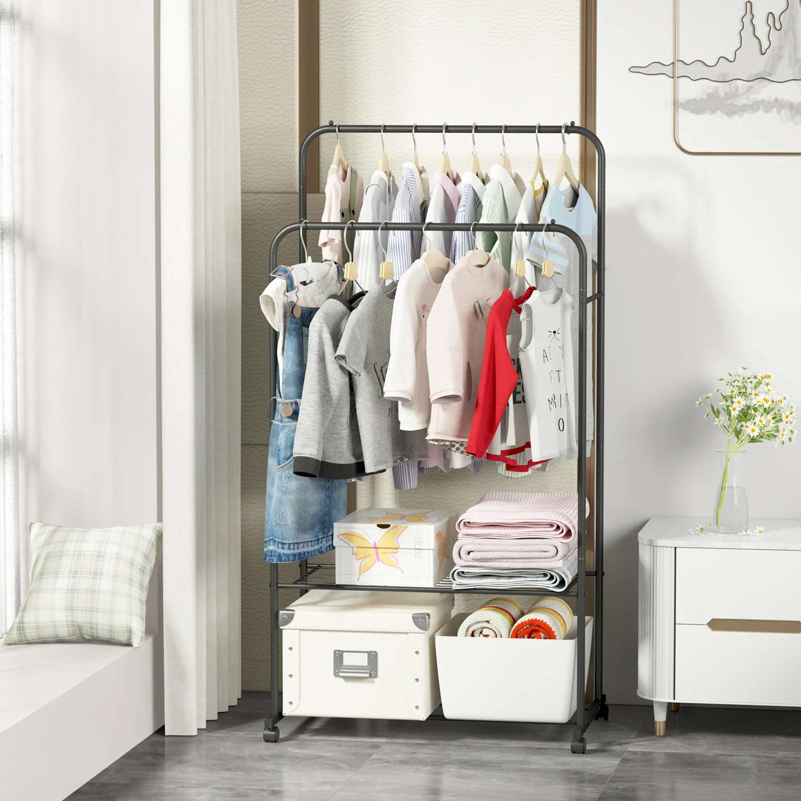 Rolling Clothes Rail Rack Garment Cloth Hanging Rack with 2 Tier Storage Shelves