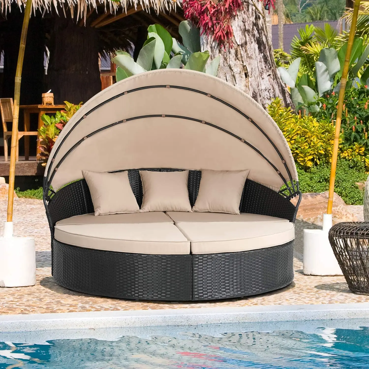 Patio Furniture Outdoor Garden Round Daybed with Retractable Canopy Wicker Rattan, Seating Separates Cushioned Seats