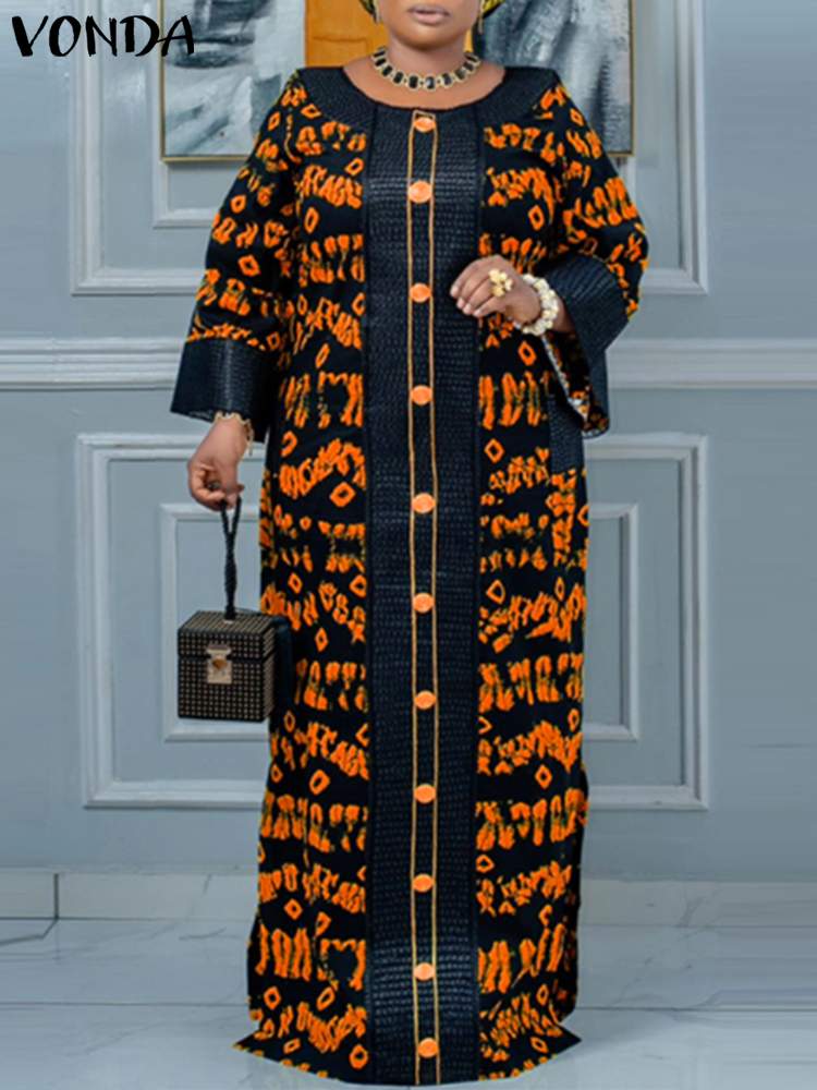 Vonda-女性のためのヴィンテージプリントマキシドレス,ロング,パッチワーク,エレガントなイブニングドレス,ラージサイズ,5xl,秋,2022