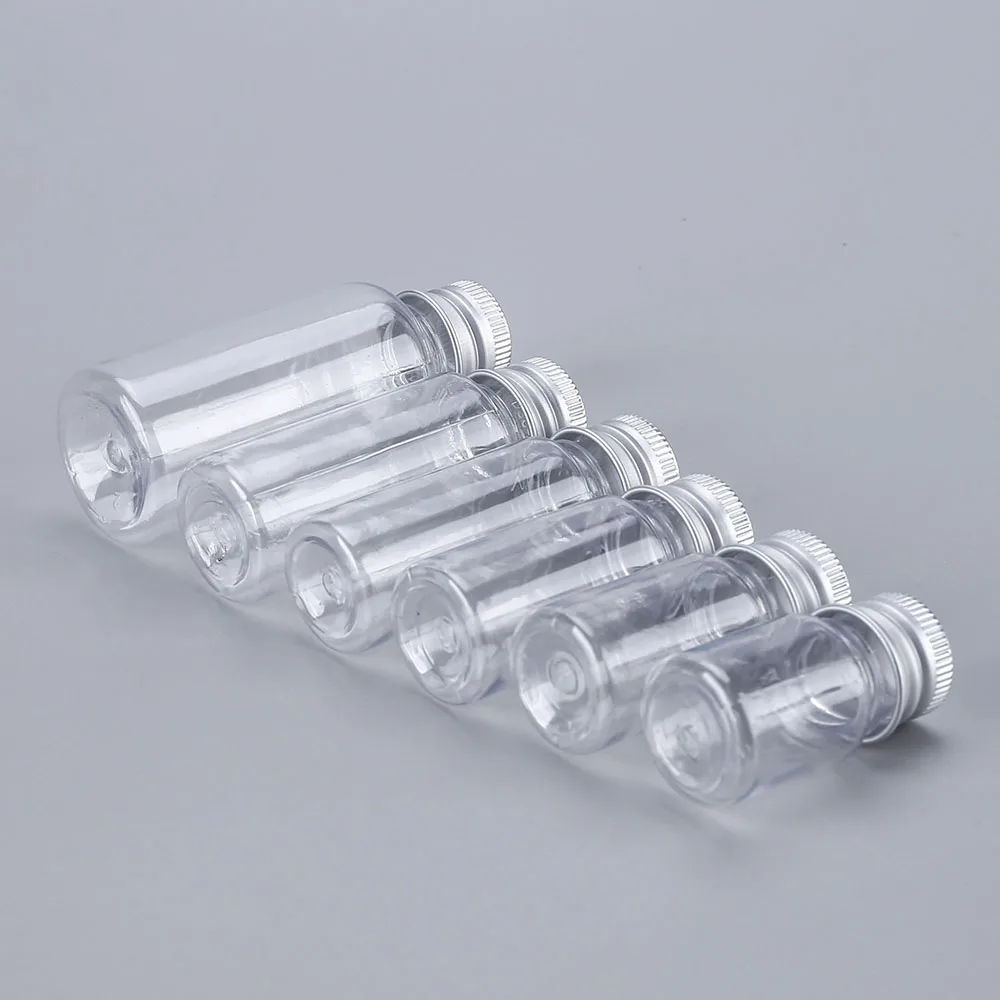 50/100 Uds botella de plástico con tapa de aluminio 100ml 50ml 30ml viales de muestra envases cosméticos de viaje portátiles transparentes para loción
