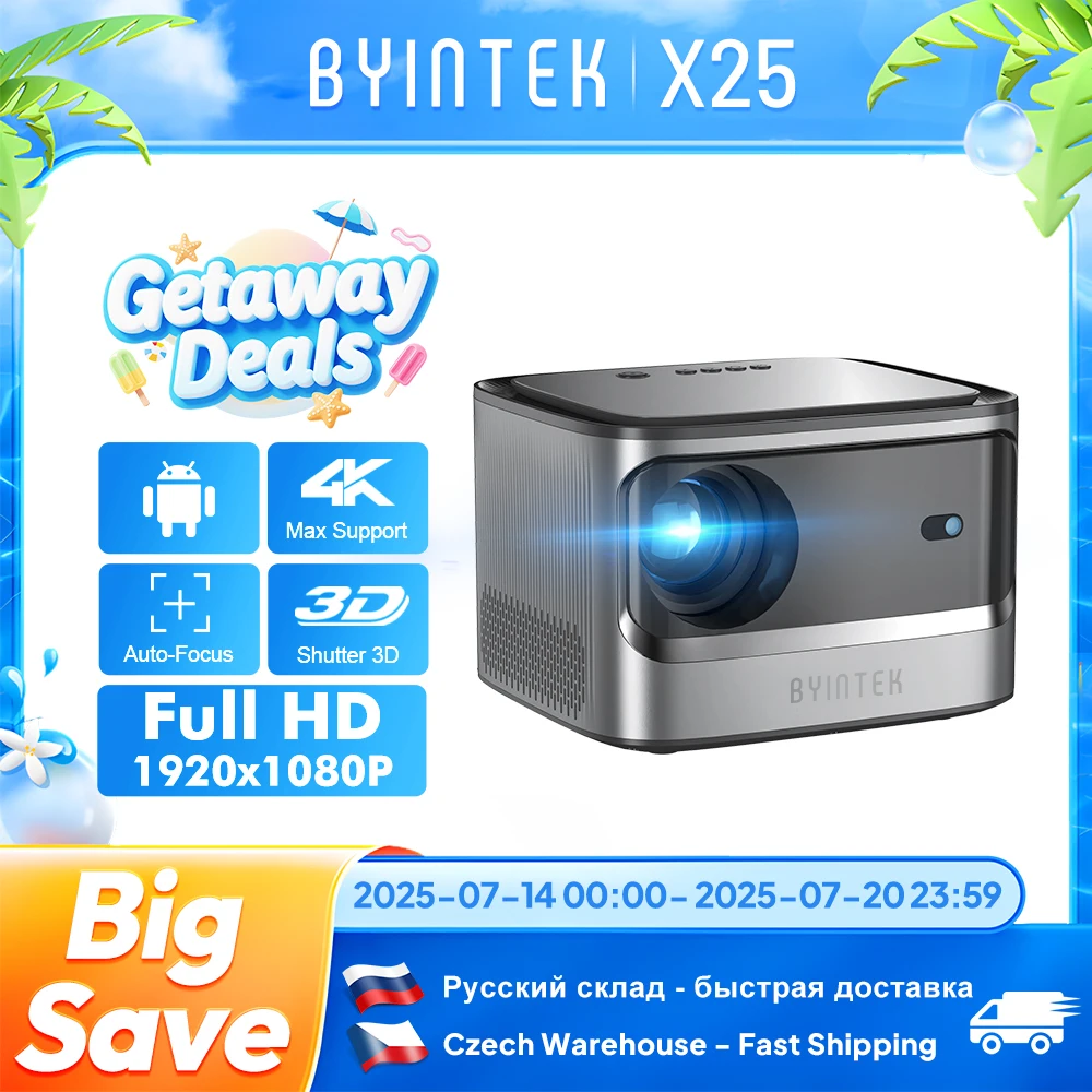 BYINTEK X25 Full HD Projector 1080P 4K Video 900Ansi  Auto Focus  WiFi Smart Android 9.0 LCD LED Video Home Theater Projectors