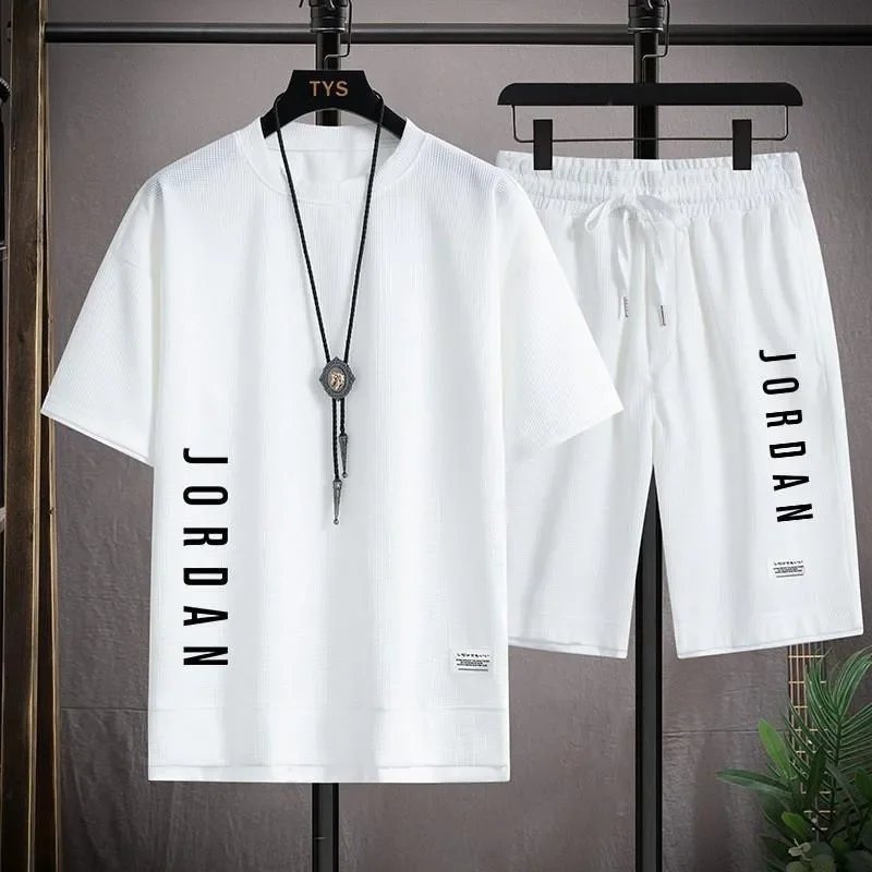 Conjunto de gofres de verano para hombre, camiseta informal de moda de marca + pantalones cortos, conjunto deportivo holgado, cómodo, para correr rápido, 2024