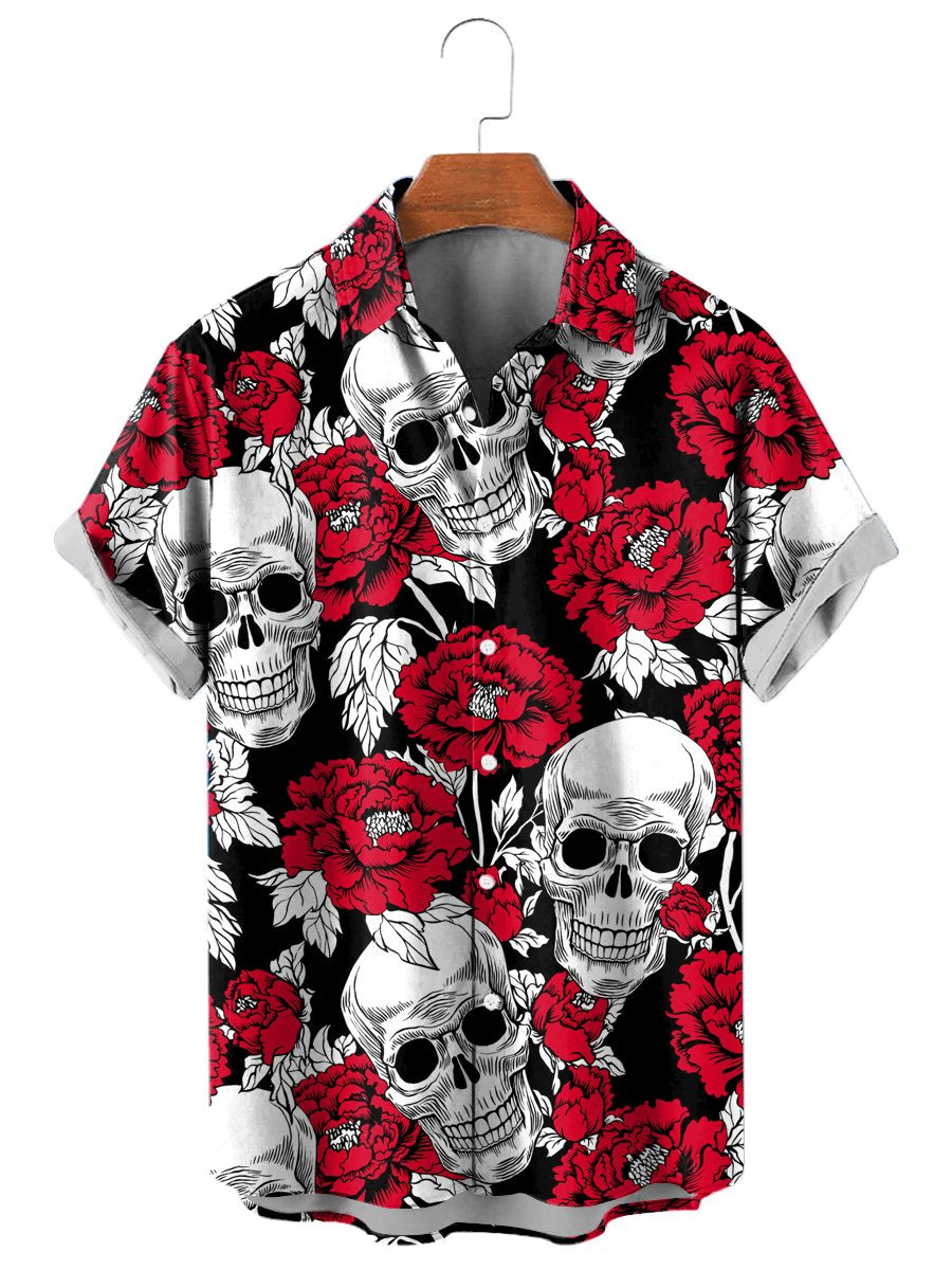 Camicie da uomo floreali con teschio di moda Teschio divertente Stampa 3D Streetwear T-shirt a maniche corte Camicia hawaiana Stampa Camicie con risvolto per uomo