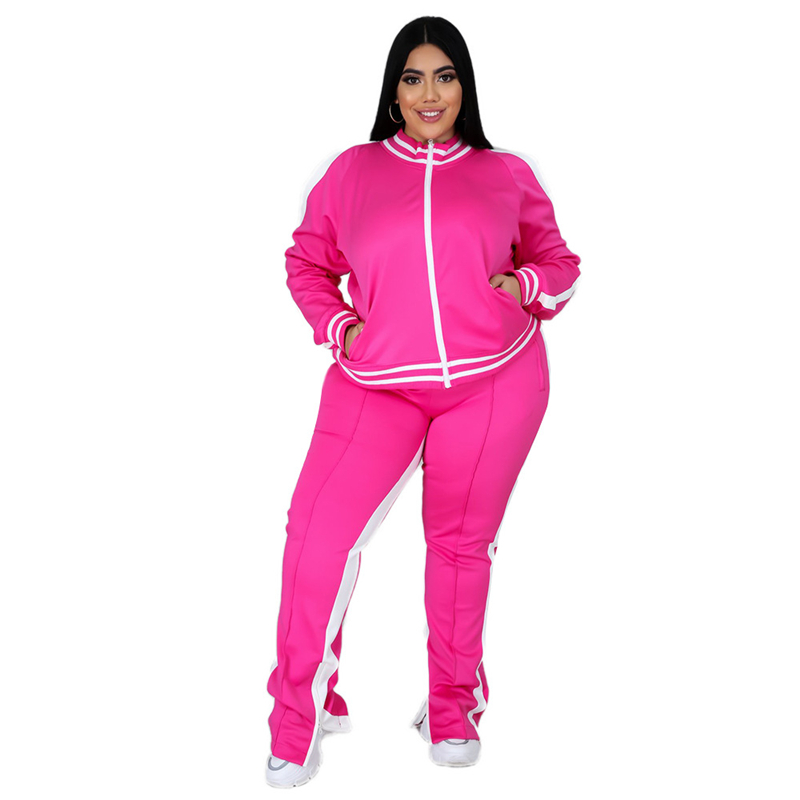 プラスサイズ L-5XL ツーピースセット女性スウェットスーツジップストライプトップスリットスウェットパンツジョガー衣装マッチングセット卸売ドロップシッピング