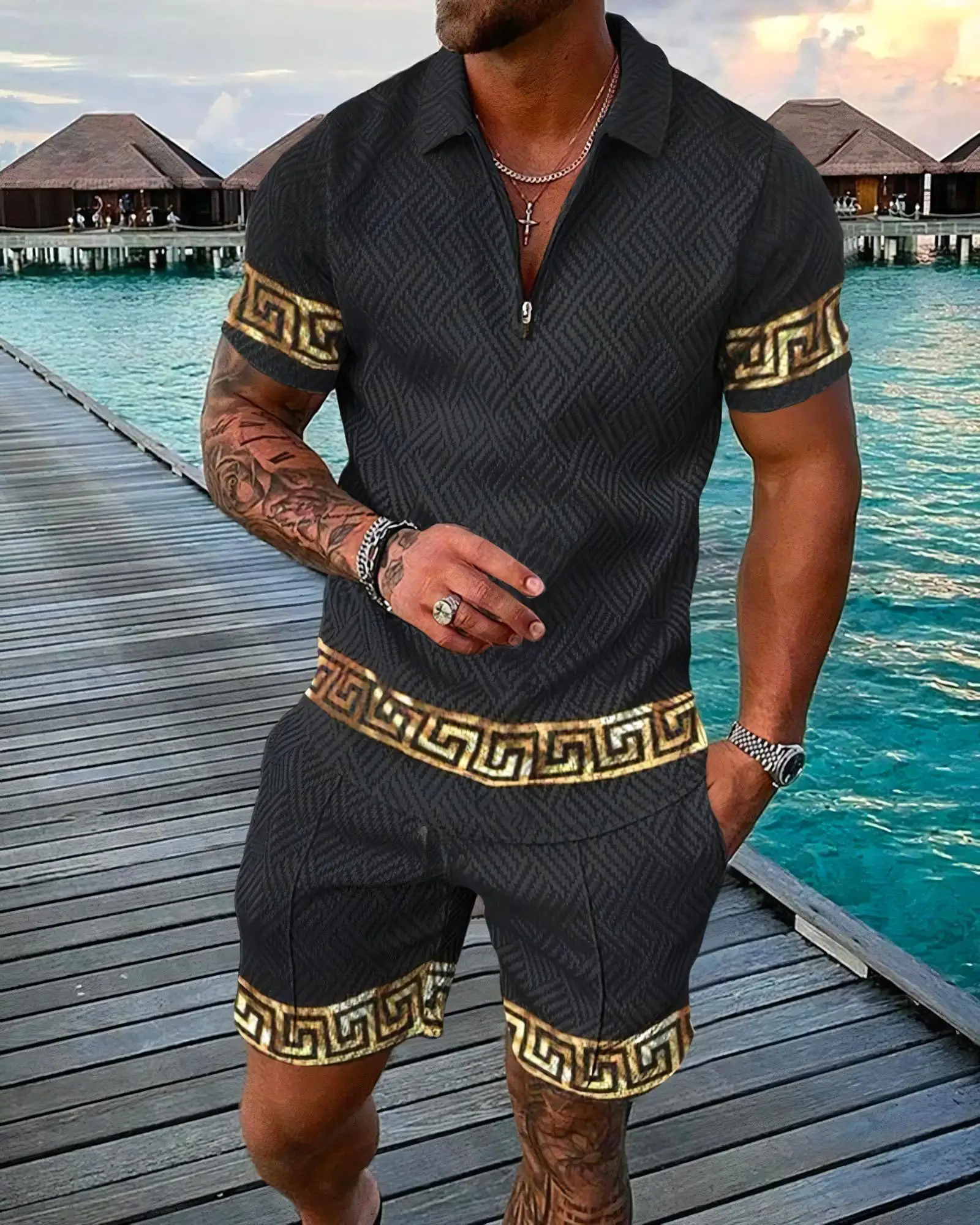 Lustige 3D-gedruckte Herren-2-teilige Sets, modisches Poloshirt + Shorts, Outfit, lässig, kurzärmelig, Reißverschluss, Hemden, Sommer, Hip-Hop-Streetwear
