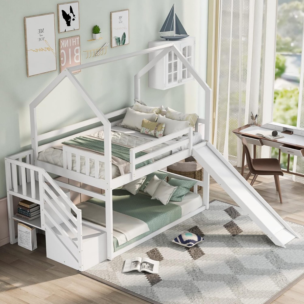 Twin Over Twin Bunk Bed with Slide, Solid Wood House Bunk Bed Frame with Storage Staircase and Safety Guardrail for Kids Teens A