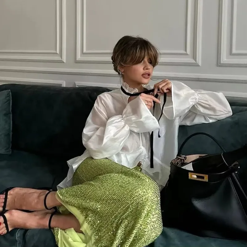 Talenzaเซ็กซี่หลวมสีขาวสตรีเสื้อ 2024 แฟชั่นRuffleคอยาวแขนยาวElegantดูผ่านTopเสื้อผ้าหญิง
