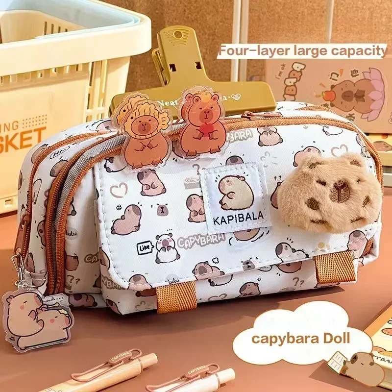 Bolsa creativa para bolígrafos de tres capas, bolsa de papelería Capybara de gran capacidad, estuche multifuncional para lápices, regalo para estudiantes, suministros escolares
