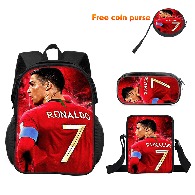 Ronaldo 3Pcs 세트 학교 배낭, 스포츠 어깨 가방, 연필 가방 CR 배낭, 소년 소녀를위한 축구 스타 만화 학교 가방