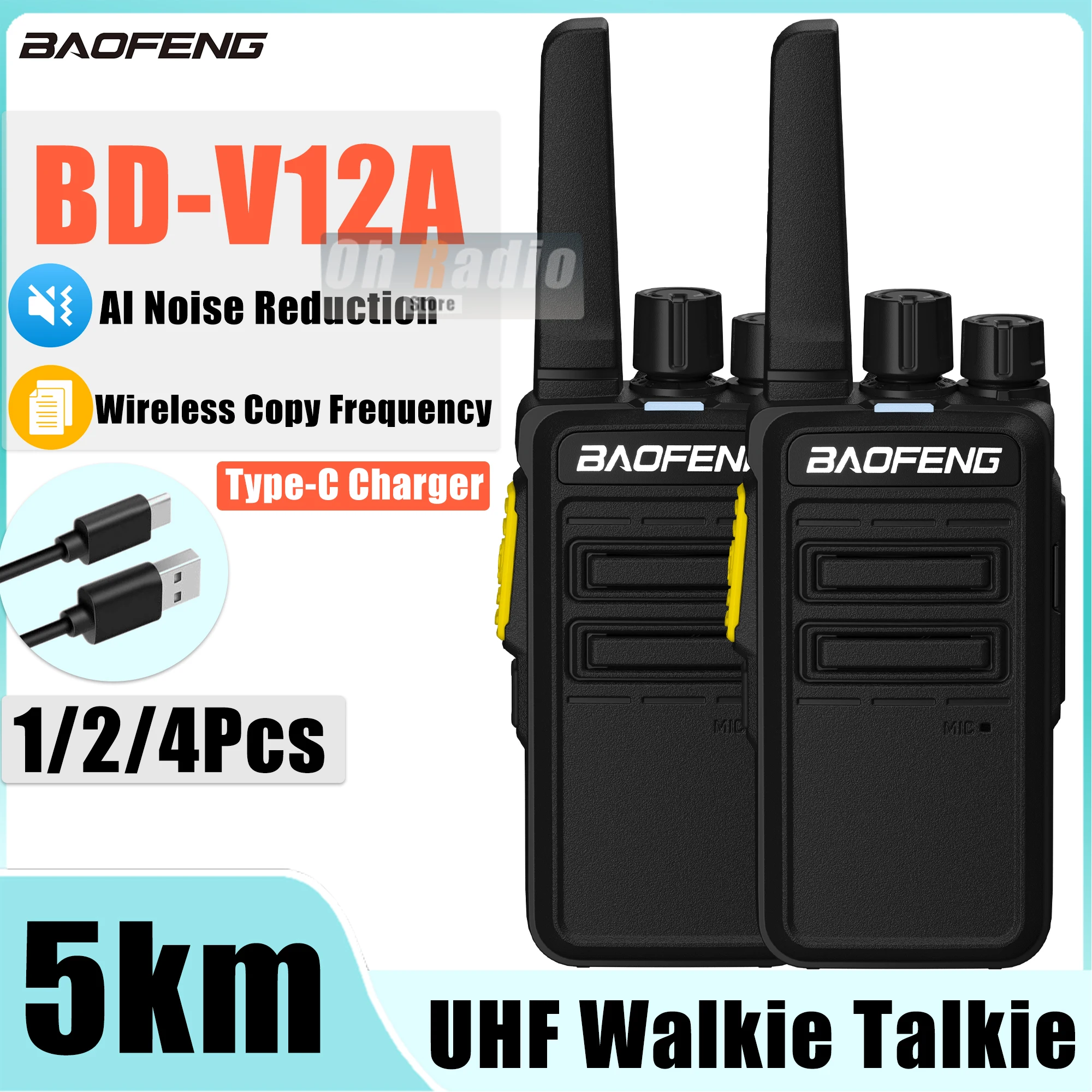 2/4 Uds Baofeng BD-V12A Mini Walkie Talkie reducción de ruido frecuencia de copia inalámbrica cargador tipo C V12-A Ham Radio bidireccional caza