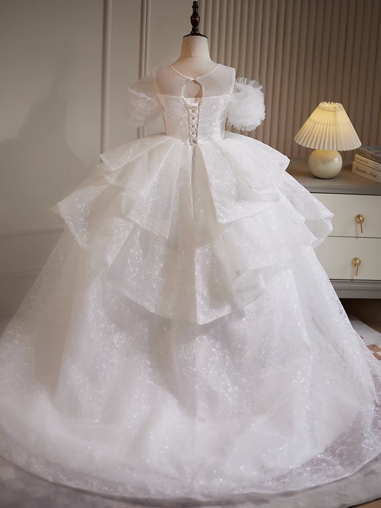 Robe de princesse en dentelle perlée pour enfants, robe de Rhde luxe, fleur de mariage blanche, robe de soirée de Noël pour filles, Off Initiated Trailing