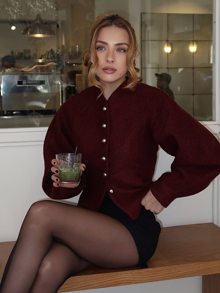 Vintage kontrastowa krata bufiasta z długim rękawem wełniany płaszcz damski elegancki okrągły dekolt dwurzędowe kurtki Retro 2024 odzież damska 