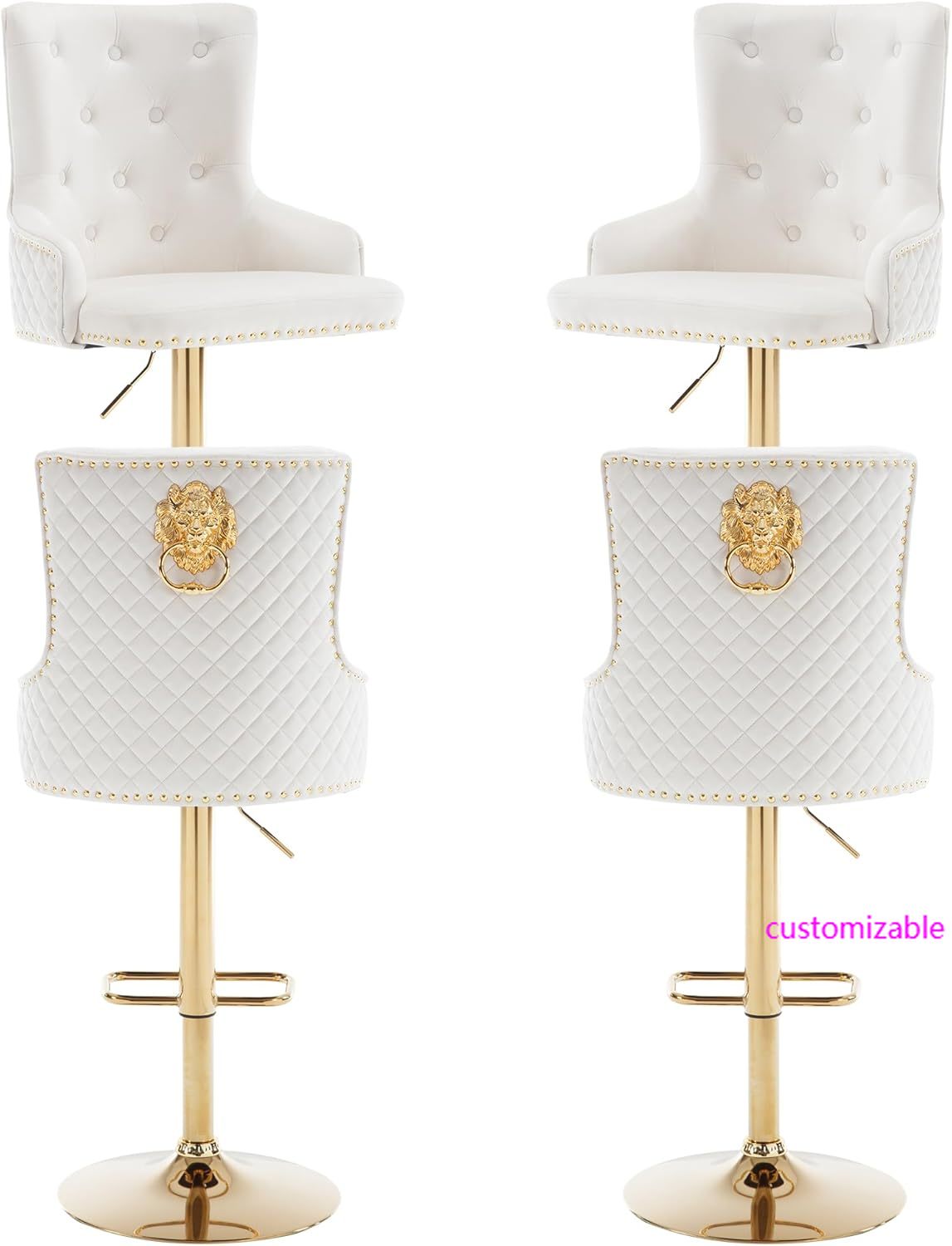 Bar Stool Set of 4 Golden Lion Pull Ring Swivel Chair for Kitchen Counter Nailhead Upholstered Barstools Height Adjustable