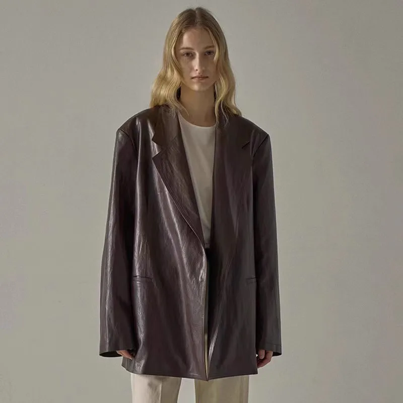 B-OTTO chaqueta de cuero para mujer estilo primavera y otoño traje suelto de diseño de nicho de longitud media con textura Simple y atmosférica