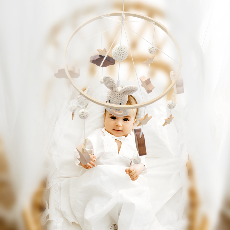 Krippe mobile Bett Glocke Baby Holz Cartoon Kaninchen mobile hängende Rasseln Spielzeug Kleiderbügel Krippe mobile Bett Glocke Spielzeug halter Halterung Geschenke