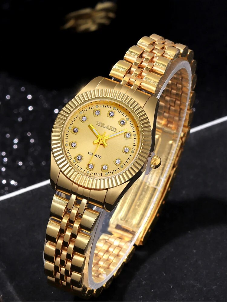 1 peça relógio de quartzo feminino com pulseira de aço dourado da moda