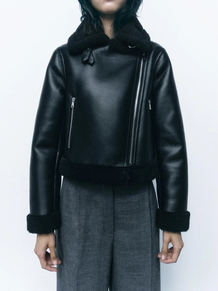 TRAF ผู้หญิงฤดูหนาวใหม่แฟชั่นเสื้อลําลองเสื้อแจ็คเก็ตหนาหลวมขนสัตว์ One Coat เสื้อแขนยาวซิป Retro เสื้อแจ็คเก็ตสั้น